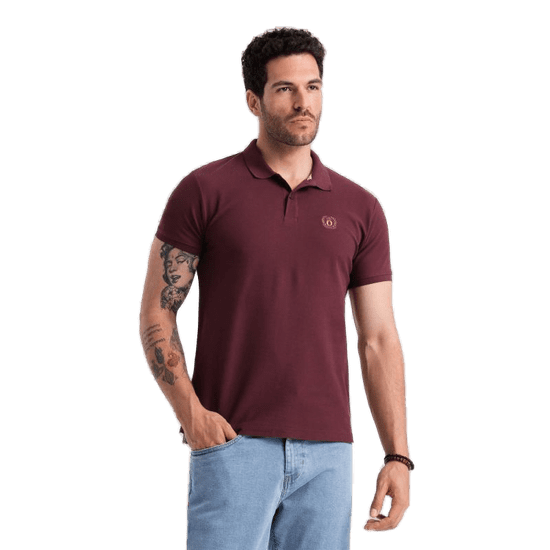 OMBRE Moška enobarvna pletena polo majica BASIC pique burgundske barve MDN126161