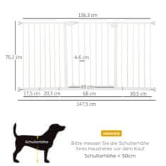 PAWHUT Vrata Varnostna Vrata Pregrada Za Pse Pet 74-147,5 Cm Vrata Za Pse 3 Podaljški Stopniščna Vrata Brez Vrtanja Kovinska Bela 