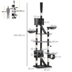 PAWHUT Mačji Praskalnik Za Drevo Mačji Praskalnik Za Plezanje Po Drevesu Mačka Visok Strop Iz Sisala (Višina Nastavljiva Od 240-260 Cm) Temno Siva 