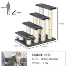 PAWHUT Animal Stairs, 4-Stopenjske Stopnice Za Pse In Mačje Mladiče, Iz Mehkega Pliša, Sive, 60X40,5X59 Cm 