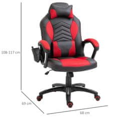 HOMCOM Gaming Chair Pisarniški Stol Z Masažno Funkcijo, Masažni Stol, Toplotna Funkcija, 6 Vibracijskih Točk, Pu, Rdeč, 68X69X108-117 Cm 