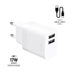 FIXED FIXED dvojni potovalni polnilnik USB 17 W + kabel USB/USB-C, bel FIXC17N-2UC-WH