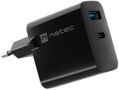 Natec Ribera GaN univerzalni polnilec, 65 W, USB-A, USB-C, črn