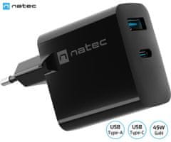 Natec Ribera GaN univerzalni polnilec, 45 W, USB-A, USB-C, črn