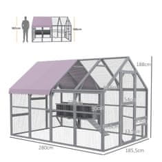 PAWHUT Leseni Kokošnjak Na Prostem, 280 X 185,5 X 188 Cm Kletka Za Piščance Z Vrati, Gnezdilnico, Streho, Rampo, Zunanjo Ogrado Za 8-12 Piščancev, Siva 