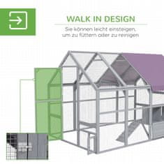 PAWHUT Leseni Kokošnjak Na Prostem, 280 X 185,5 X 188 Cm Kletka Za Piščance Z Vrati, Gnezdilnico, Streho, Rampo, Zunanjo Ogrado Za 8-12 Piščancev, Siva 