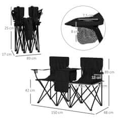 OUTSUNNY Double Camping Chair, Prenosni Dvojni Zložljivi Stol Z Mizo, Držalo Za Skodelico, Predelki Za Shranjevanje, Vrtni Stol Za 2 Osebi, Zelenica, Črna 