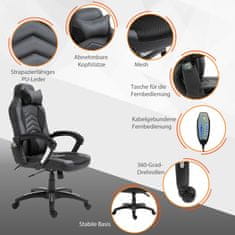 HOMCOM Gaming Chair Pisarniški Stol S Funkcijo Toplote 6 Vibracijskih Točk Ergonomski Vrtljivi Stol Masažni Stol Umetno Usnje Črna Š68 X G69 X V (108-117) Cm 