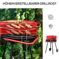 OUTSUNNY Žar Na Oglje Okrogel Žar Stoječi Žar Na Kolesih Z Rešetko, Bbq, Rdeč, Kovina, D51Xš70Xv75,5Cm 