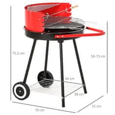 OUTSUNNY Žar Na Oglje Okrogel Žar Stoječi Žar Na Kolesih Z Rešetko, Bbq, Rdeč, Kovina, D51Xš70Xv75,5Cm 