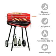 OUTSUNNY Žar Na Oglje Okrogel Žar Stoječi Žar Na Kolesih Z Rešetko, Bbq, Rdeč, Kovina, D51Xš70Xv75,5Cm 