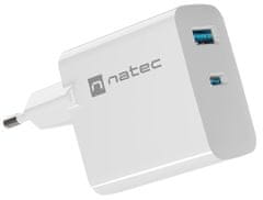 Natec Ribera GaN univerzalni polnilec, 45 W, USB-A, USB-C, bel