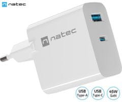 Natec Ribera GaN univerzalni polnilec, 45 W, USB-A, USB-C, bel