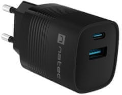 Natec Ribera GaN univerzalni polnilec, 30 W, USB-A, USB-C, črn