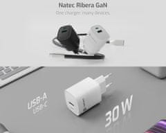 Natec Ribera GaN univerzalni polnilec, 30 W, USB-A, USB-C, črn