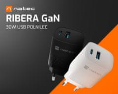 Natec Ribera GaN univerzalni polnilec, 30 W, USB-A, USB-C, črn