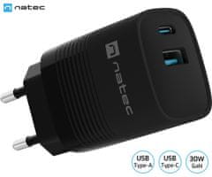 Natec Ribera GaN univerzalni polnilec, 30 W, USB-A, USB-C, črn