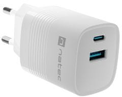 Natec Ribera GaN univerzalni polnilec, 30 W, USB-A, USB-C, bel