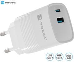 Natec Ribera GaN univerzalni polnilec, 30 W, USB-A, USB-C, bel