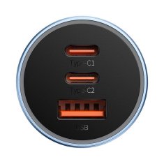 NEW Avtomobilski polnilec Baseus Golden Contactor Pro, 2x USB-C, 1x USB, 65 W (modri)