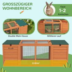 PAWHUT Lesena Hišica Za Male Živali Dwarf Rabbit Hutch Z 2 Hiškama In Tekom, Odporna Na Vremenske Vplive, Za Na Prostem In V Zaprtih Prostorih, 140X60X50 Cm, Oranžna 