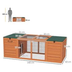 PAWHUT Lesena Hišica Za Male Živali Dwarf Rabbit Hutch Z 2 Hiškama In Tekom, Odporna Na Vremenske Vplive, Za Na Prostem In V Zaprtih Prostorih, 140X60X50 Cm, Oranžna 