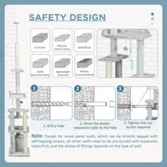 PAWHUT Praskalnik, Stropno Visoko Mačje Drevo Z Igralno Žogo, Mačja Jama, Stopnice, 225-255 Cm, Svetlo Siva 