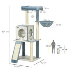 PAWHUT Praskalnik, 114 Cm Mačje Drevo Z Igralno Žogo In Visečo Posteljo, Mačja Votlina, 2 Ploščadi, Pliš, Modra 