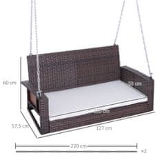 OUTSUNNY Viseča Klop 2-Sedežna Vrtna Gugalnica Iz Ratana S Sedežno Blazino Viseča Gugalnica Hollywood Swing Garden Bench Brown 127 X 57,5 X 60 Cm 