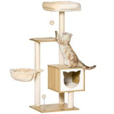 PAWHUT Beige Cat Tree Cat Cave Platforma Lesena Iverna Plošča Sisal 126 Cm Višina 