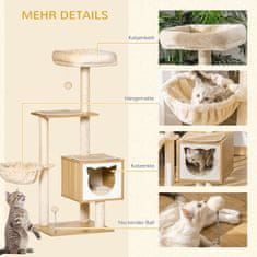 PAWHUT Beige Cat Tree Cat Cave Platforma Lesena Iverna Plošča Sisal 126 Cm Višina 