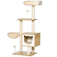 PAWHUT Beige Cat Tree Cat Cave Platforma Lesena Iverna Plošča Sisal 126 Cm Višina 