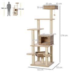 PAWHUT Praskalnik Iz Ratana Plezalna Mačka Na Drevo Z Mačjo Votlino Večstopenjsko Mačje Drevo E1 Mdf Sisal Bež+Rjava 55 X 55 X 174 Cm 