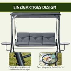OUTSUNNY Hollywood Swing 3-Sedežna Vrtna Gugalnica Z Nastavljivim Senčnikom, Čajna Mizica, Jeklo, Poliester Siva + Črna 271 X 125 X 177 Cm 