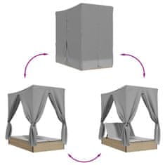 Vidaxl Dvojni ležalnik s streho in zavesami bež poli ratan