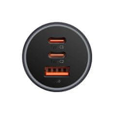 BASEUS avtopolnilec, 2xUSB-C, 1xUSB, 65W, siv