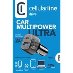 CellularLine avto polnilec, USB in USB-C, 48W, črn