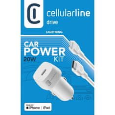 CellularLine  avto polnilec, USB-C + kabel MFI, 20W, bel