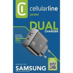 CellularLine hišni polnilec Dual 25W PD, Samsung, USB-A + USB-C, črn