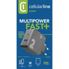 CellularLine hišni polnilec, Multipower, 36W+PD, 1xUSB,1xUSB-C (MP2PRO+)