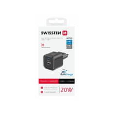 SWISSTEN polnilec GaN 1x USB-C 20W PD, 1x USB-A 18W, črn