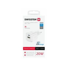 SWISSTEN polnilec GaN 1x USB-C 20W PD,1x USB-A 18W, bel