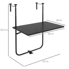 OUTSUNNY Balkonska Miza Za Obešanje, Zložljiva Viseča Miza, 3-Smerno Nastavljiva Višina, Do 15 Kg, 62X60 Cm, Črna 