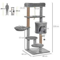 PAWHUT Mačji Praskalnik 120 Cm S Košaro, Mačja Votlina, Igralna Žoga, Notranji Plezalni Stolp, Deblo Iz Jute, Svetlo Siva, Do 5 Kg 