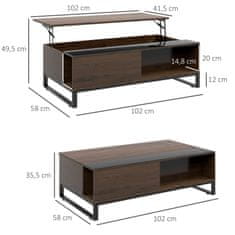 HOMCOM Klubska Mizica, Stranska Mizica Z Dvižno Funkcijo, Sedežna Mizica S Prostorom Za Shranjevanje, Klubska Mizica V Modernem Dizajnu, Jeklo, Oreh, Črna, 102 X 58 X 35,5 Cm 