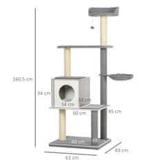 PAWHUT Mačje Drevo Z Možnostjo Praskanja Štiristopenjsko Plezalno Drevo, Plišasti Sedež, Jama, Siva In Bela, 61X49X160,5 Cm 