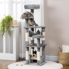 PAWHUT Cat Tree Mačja Praskalnica Mačji Igralni Stolp Mačja Plezalka Na Drevesu Viseča Mreža Siva D40 X Š40 X V132 Cm 