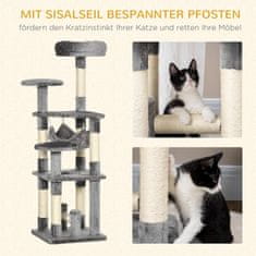 PAWHUT Cat Tree Mačja Praskalnica Mačji Igralni Stolp Mačja Plezalka Na Drevesu Viseča Mreža Siva D40 X Š40 X V132 Cm 