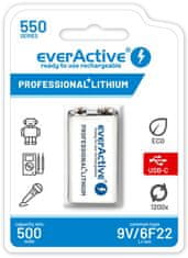 everActive Polnilna baterija 6F22 Li-Ion everActive 9V 550mAh z vtičnico USB-C