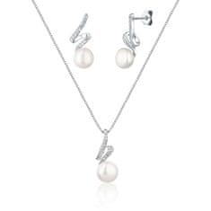 JwL Luxury Pearls Eleganten komplet nakita s pravimi biseri in cirkoni JL0746 (verižica, obesek, uhani)